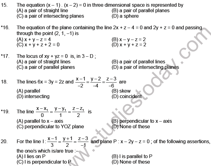Jee mathematics three dimensional geometry mcqs set a with answers